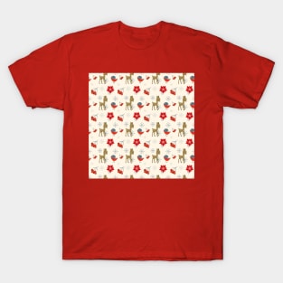 Little deer, bullfinch bird, red rowan berries and poinsettia T-Shirt